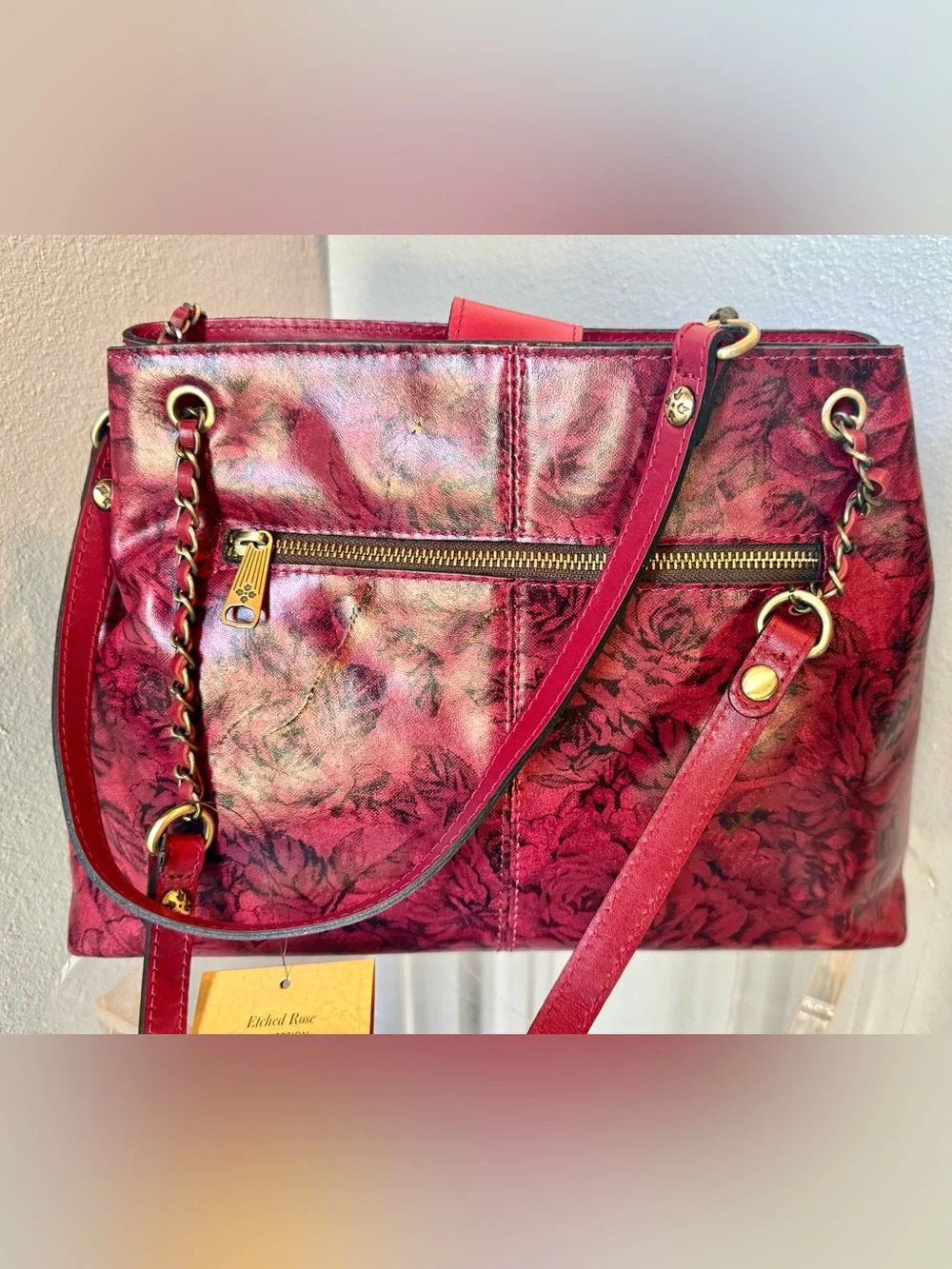 Patricia Nash Red rose Embossed Satchel with Gold Hardware